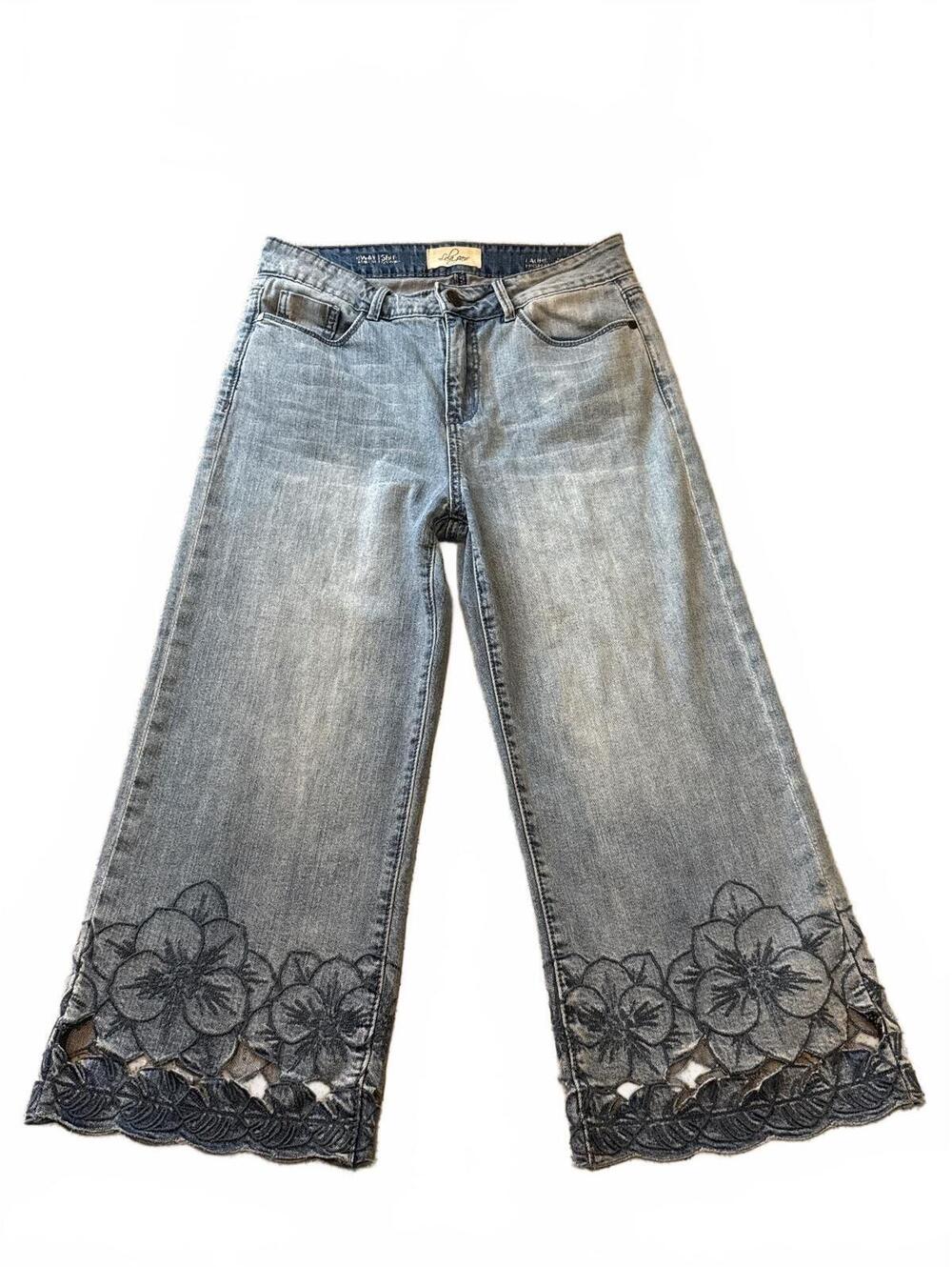 Lola Jeans Floral Embroidered Cropped Wide Leg Blue Denim Culotte Women Size 6
